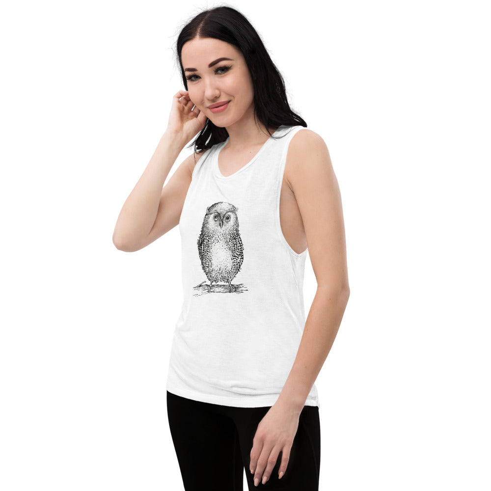 Boyfriend Fit Muscle Tank With Wise Owl Graphic - Bloom Seventy Seven