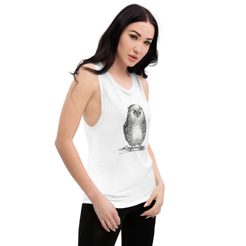 Boyfriend Fit Muscle Tank With Wise Owl Graphic - Bloom Seventy Seven