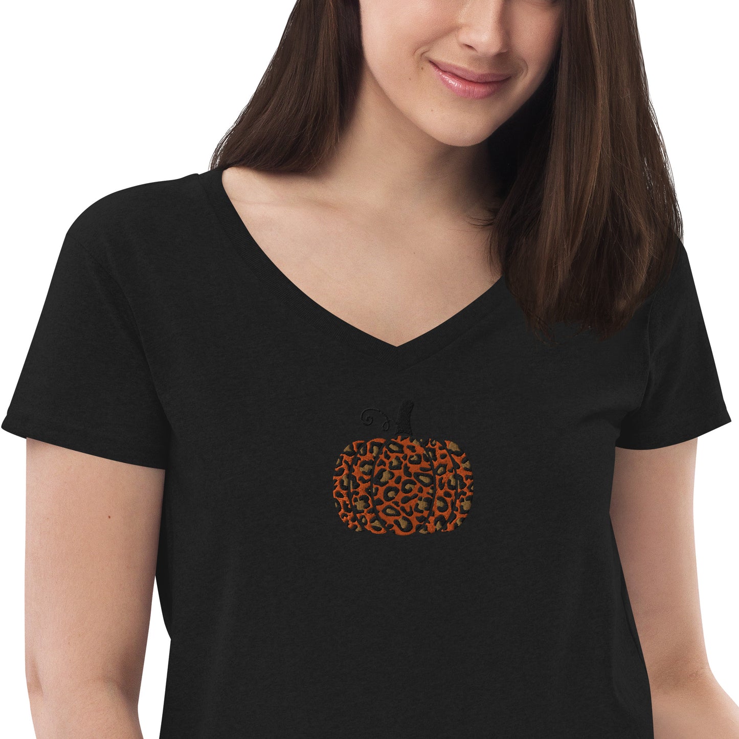 Fall Cheetah Pumpkin Women’s Recycled Embroidered V-neck T-Shirt