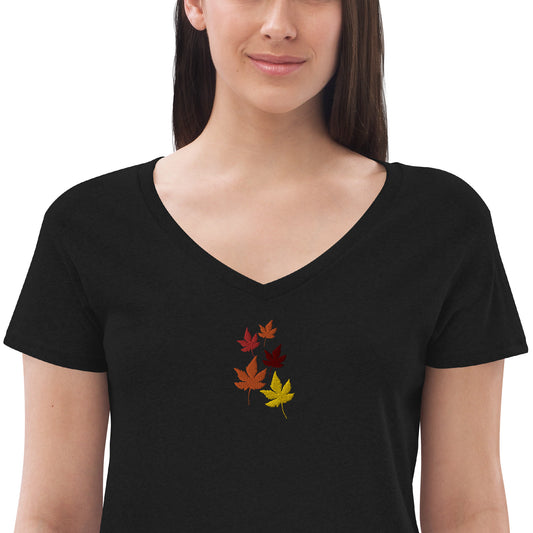 Fall Leaves Embroidered Women’s Recycled V-neck T-Shirt