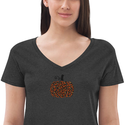 Fall Cheetah Pumpkin Women’s Recycled Embroidered V-neck T-Shirt